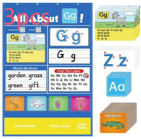 Alphabet learning chart for children with word cards, letter cards, picture cards and songs on 60x40cm sleeve table