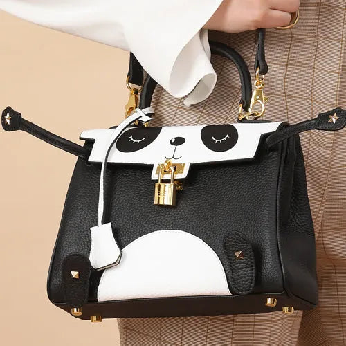 Panda animal print cow leather handbag in horizontal square shape showing sweet lady pattern style
