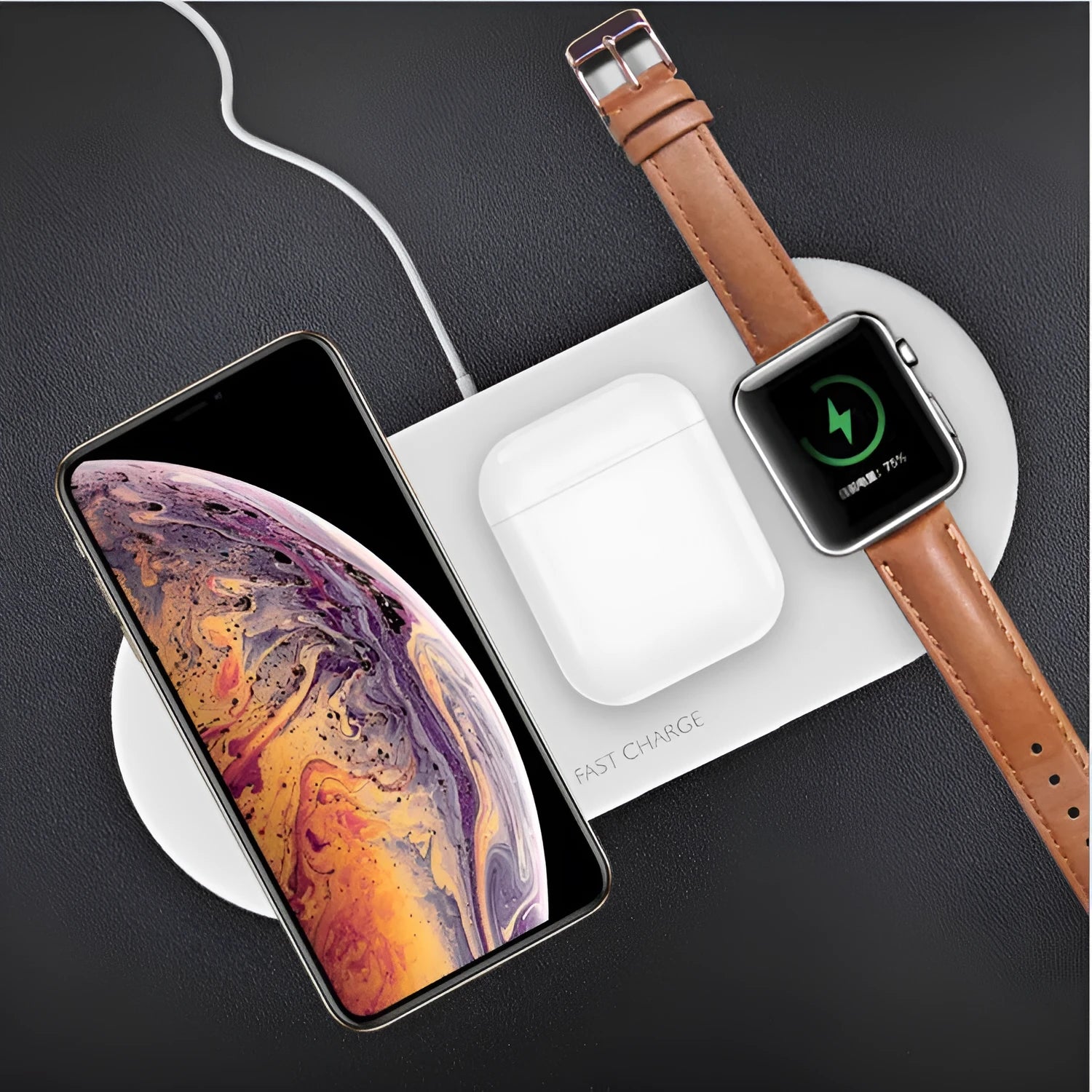 Black or white three-in-one wireless charging station for Apple-compatible phone, watch, and headphones on a desktop