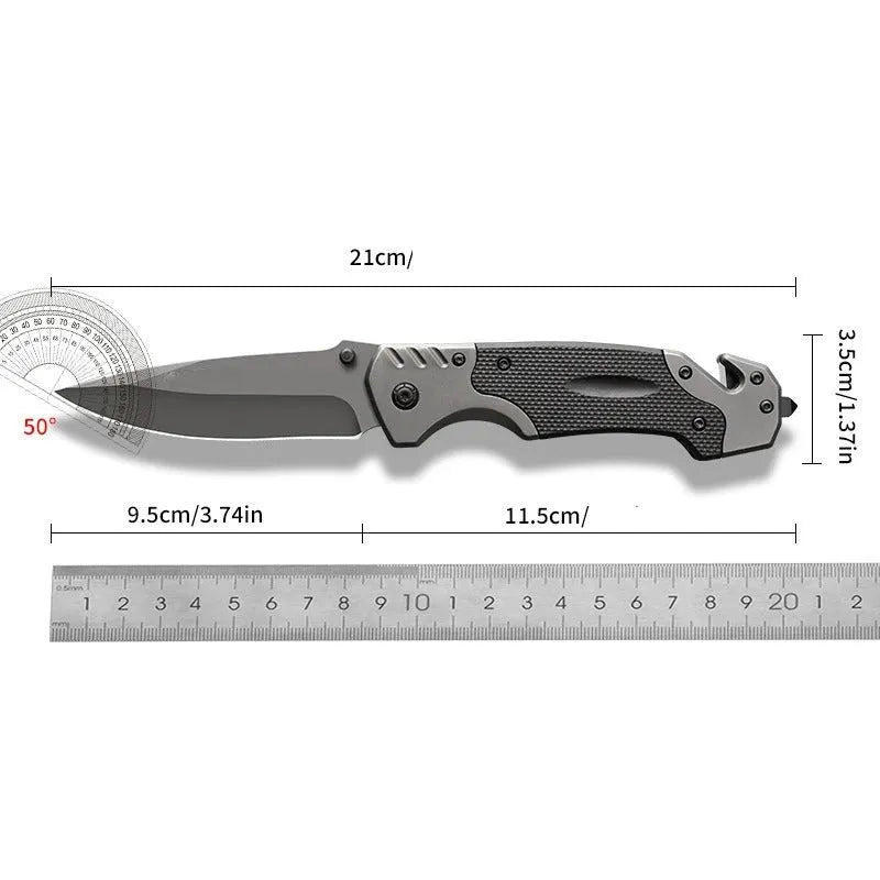 Alloy folding knife with 60-degree blade tip angle showing plain and textured handle options