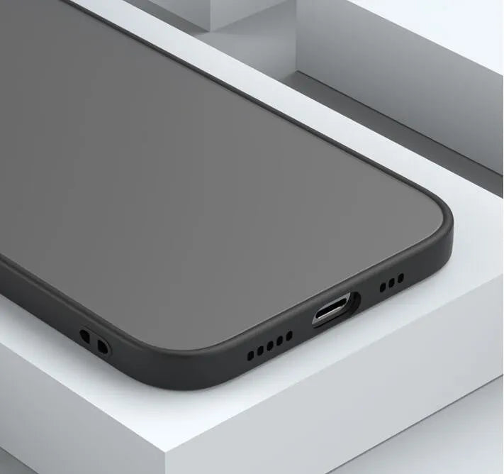 Fine hole skin-sensing hard frosted iPhone case in black, showing full lens protection cover.