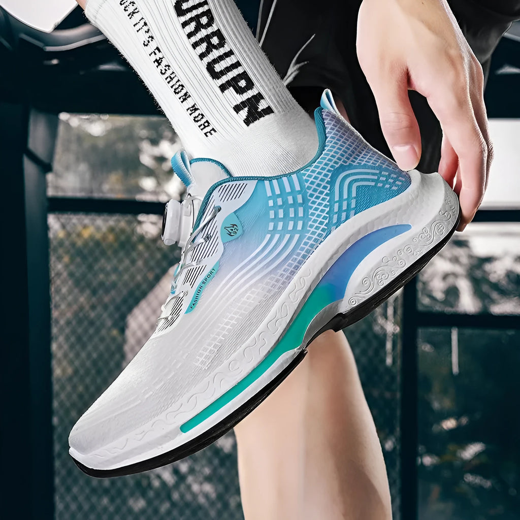 Men's white and blue mesh sneakers with a rotating buckle and rubber sole.