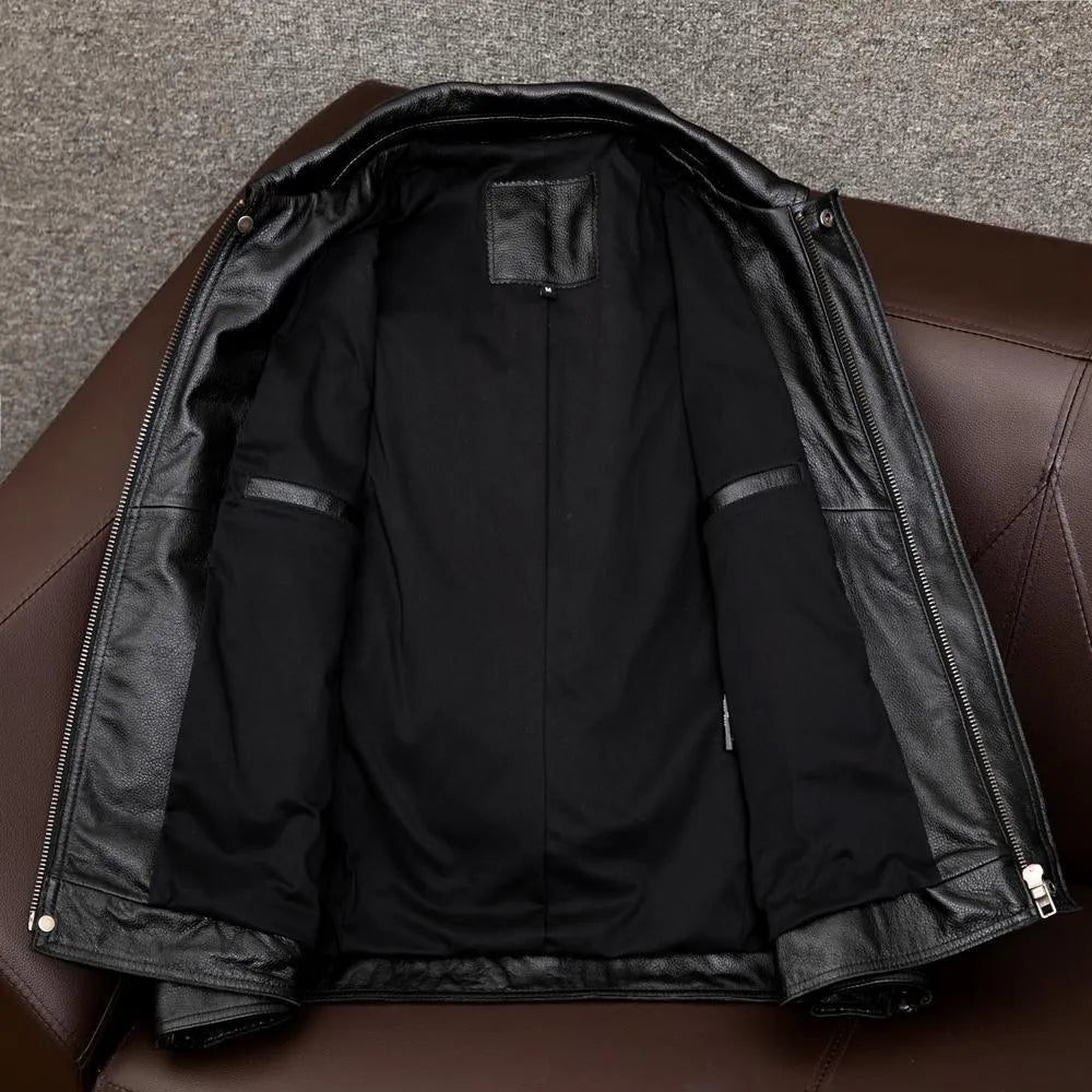 Leather pattern lapel jacket in loose fit with side seam pockets for men