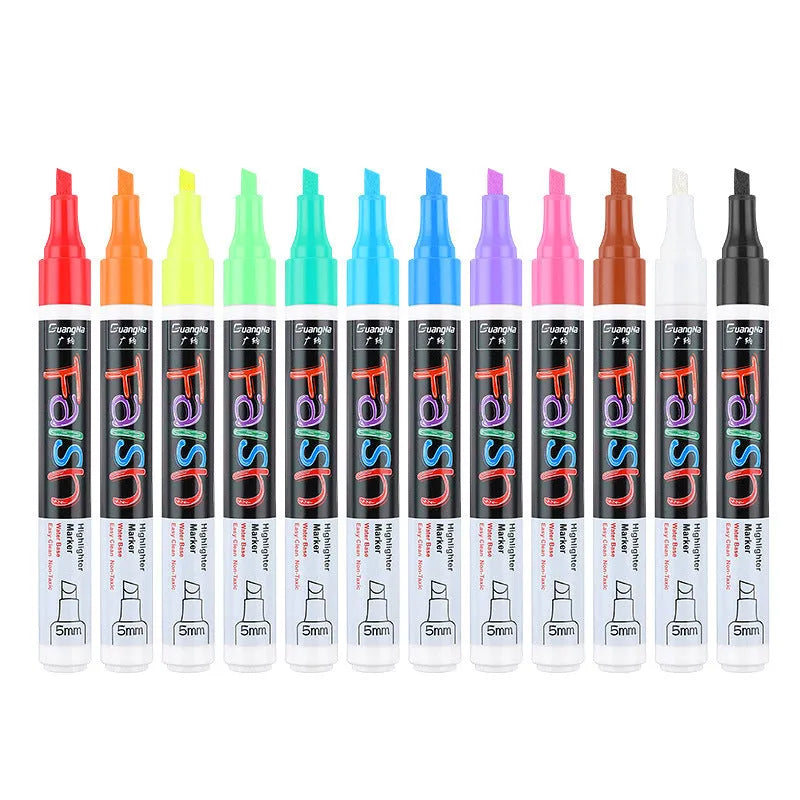 Electronic fluorescent plate highlighter with plastic shell, oblique pen shape, and 6mm tip in multiple colour options