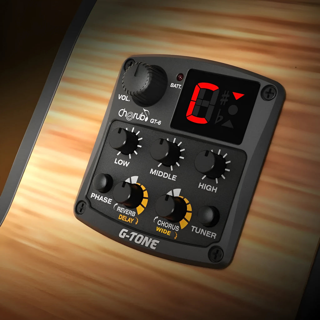 Cherub GT-6 black acoustic guitar EQ pickup unit with controls for effects and equaliser
