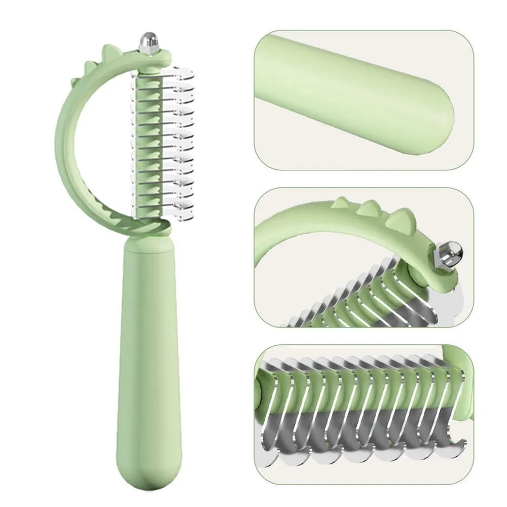Dinosaur-shaped self-cleaning cat brush with double-sided grooming functions in blue colour