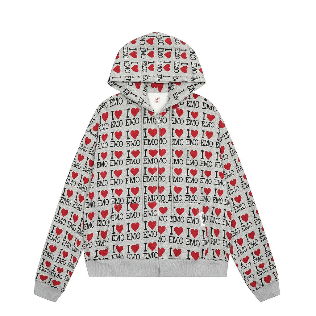 Women's melange grey cotton hooded cardigan with a retro autumn pattern, shown in a street fashion style.