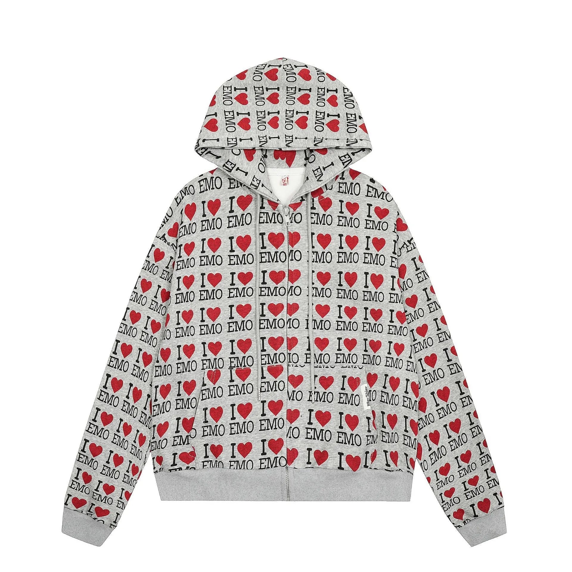 Women's melange grey cotton hooded cardigan with a retro autumn pattern, shown in a street fashion style.