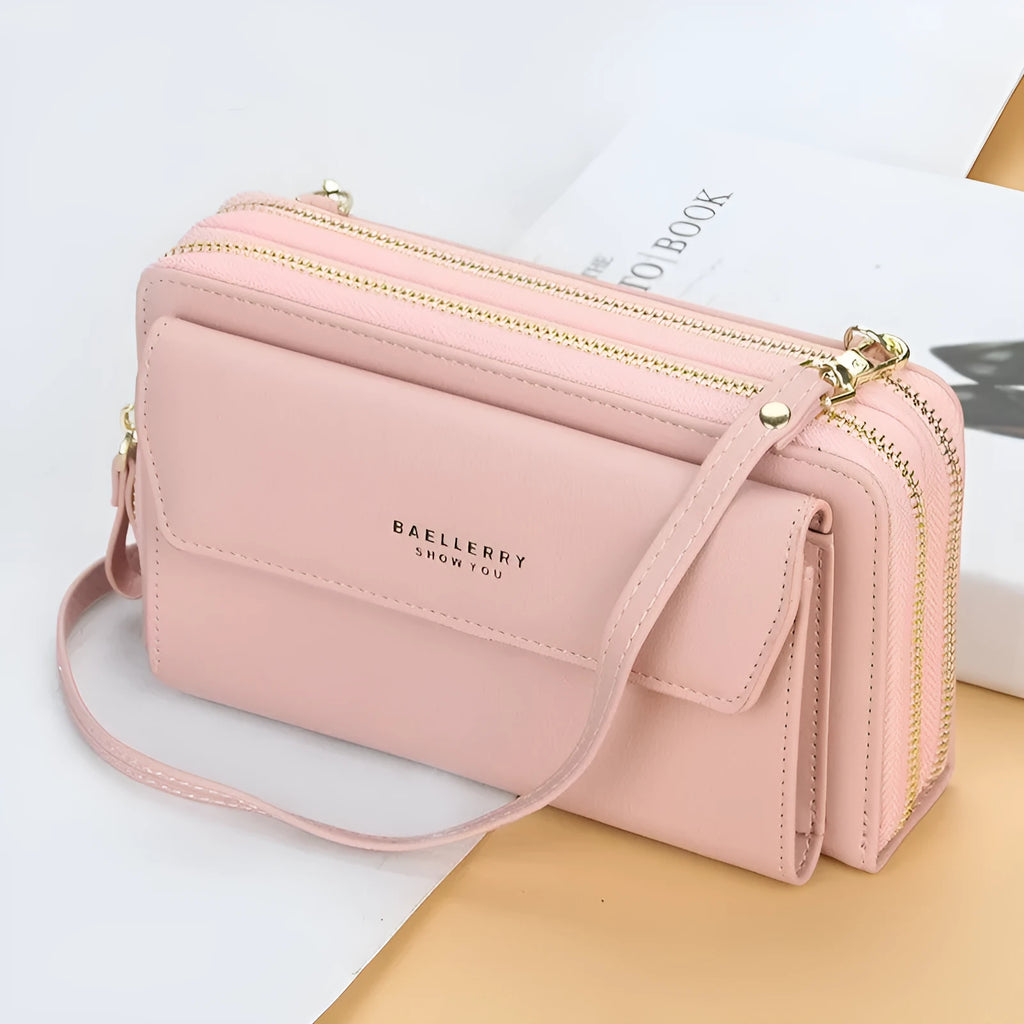 Soft red PU leather ladies long wallet with double zipper, shown as a diagonal messenger bag