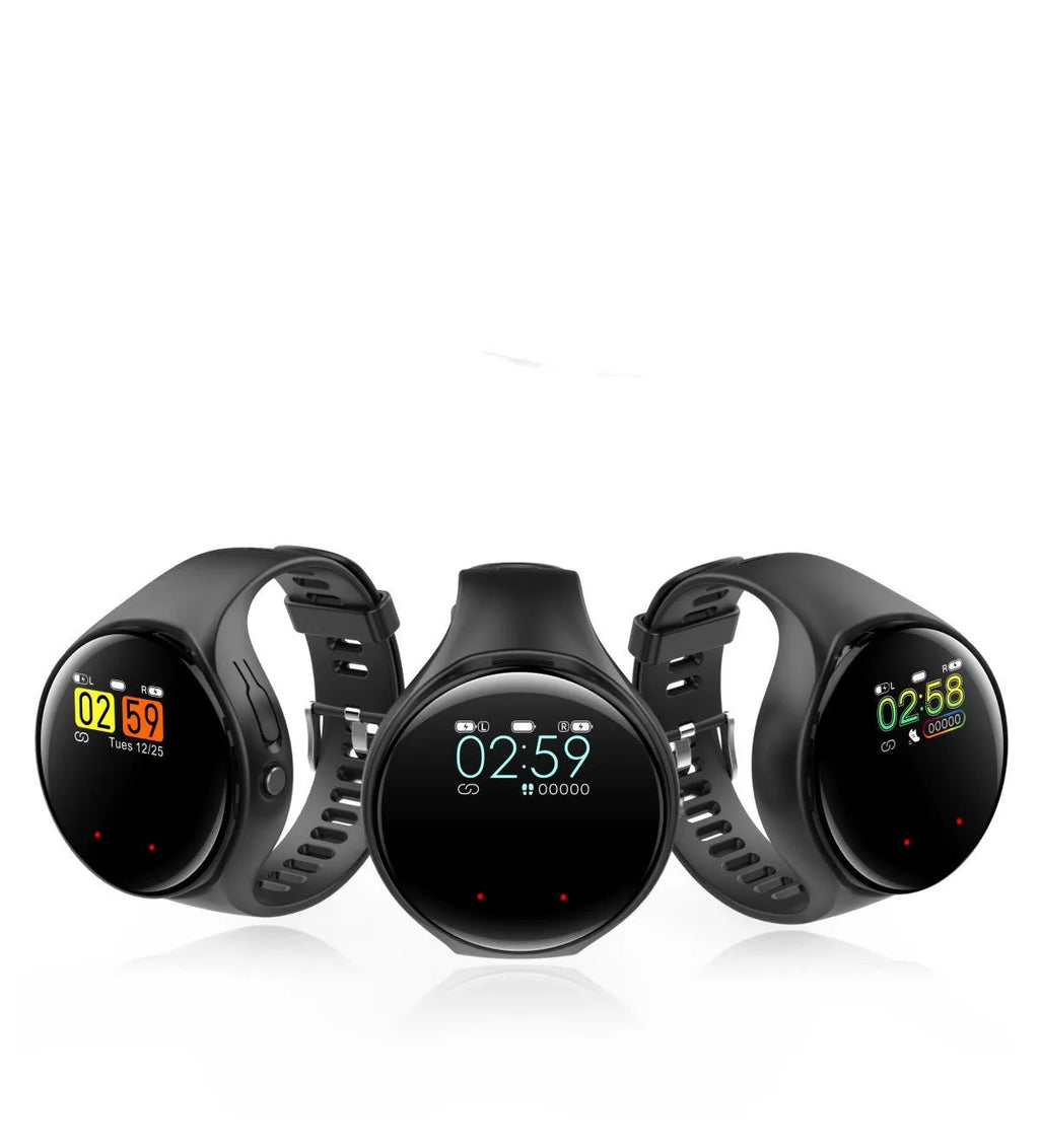 Black detachable smart watch and Bluetooth earphone combo with colour screen display
