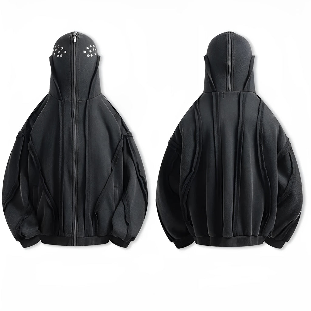 Black padded cotton cardigan coat with zip front and abstract pattern