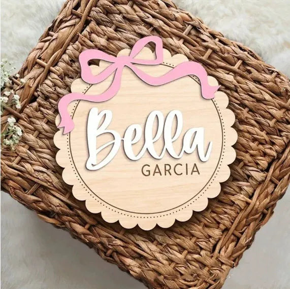 Customisable wooden square ornament for baby room decoration with space for a personalised name.