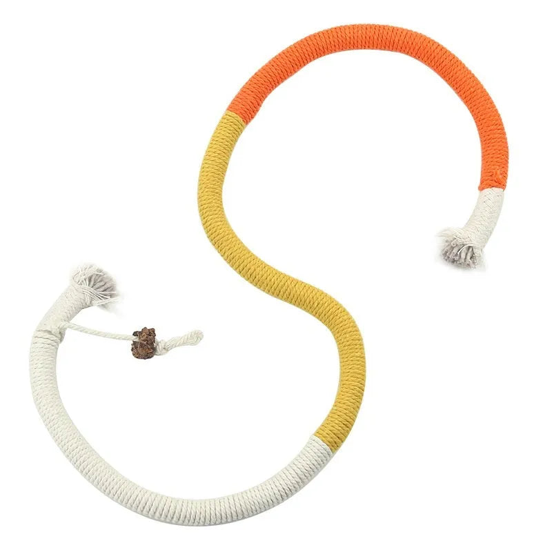 Cat bite rope toy in cotton thread with cat teaser stick, available in full orange absolute purple and traffic lights colours