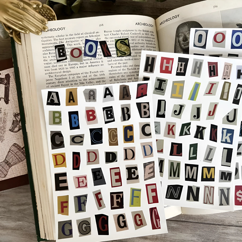 English alphabet and number sticker sheets showing colourful letter sets with cute designs for crafts and labelling