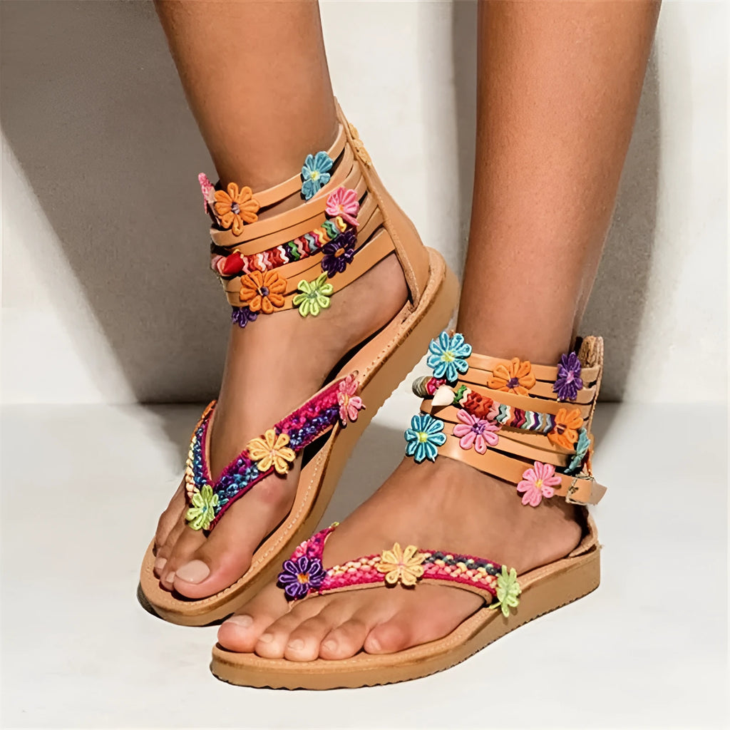 Ethnic style beaded petal sandals Roman shoes with artificial PU upper and floral decoration.