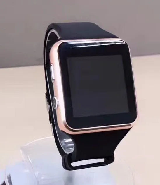 Black smart watch with 1.54 inch touch screen on a silicone strap, showing a clock face.