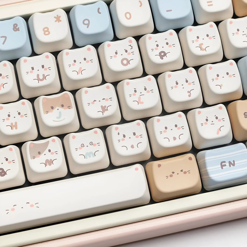 High Sea Salt Cat theme PBT keycap set with 7u March supplements on mechanical keyboard