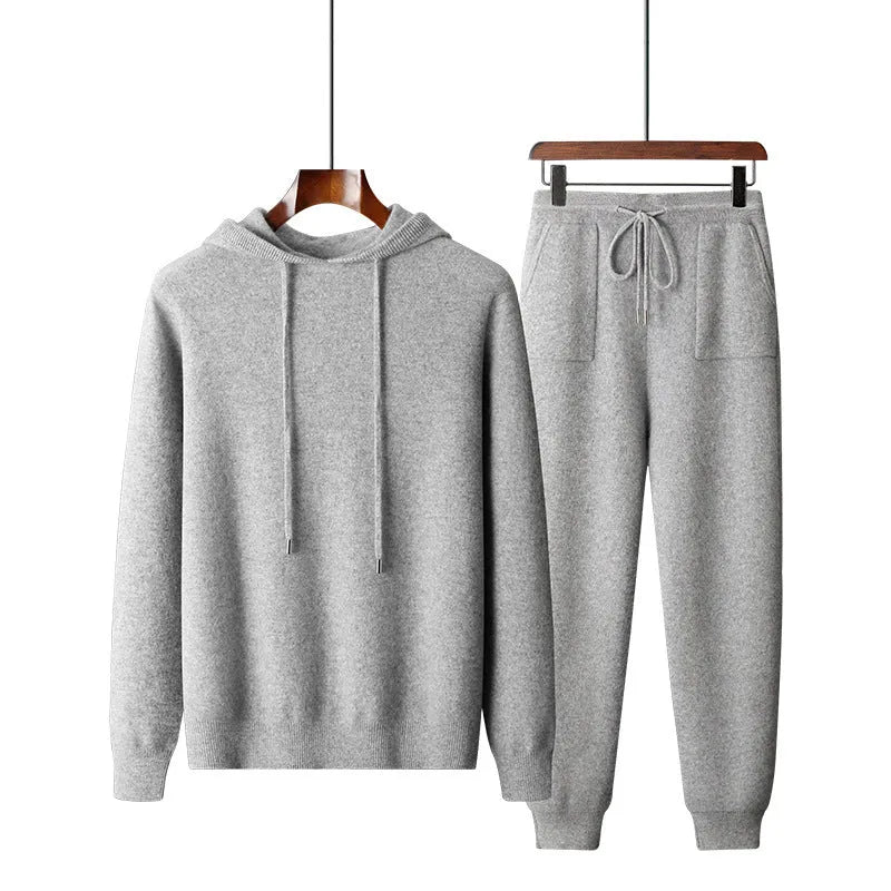 Men's dark grey cashmere hooded knitted sweatshirt with matching long pants winter leisure set
