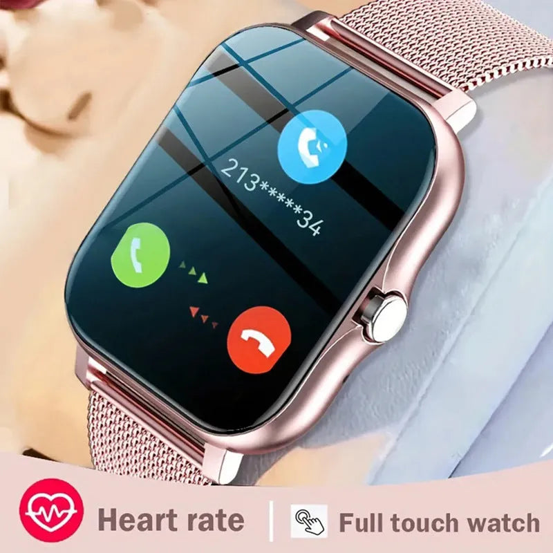Smart watch with colour touchscreen on a silicone strap, showing a call interface and health metrics.