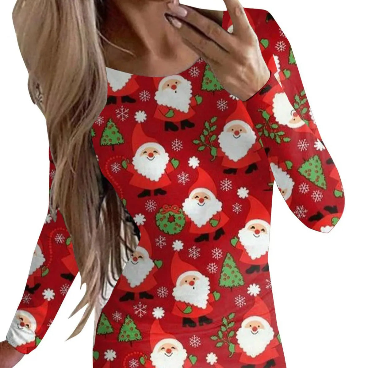 Red Christmas dress with animal print pattern, round neck, long sleeves, and a short tight-fitting hip skirt.