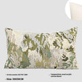 Green wool blend cushion with abstract French antique spring flower pattern, shown in square and rectangular sizes.