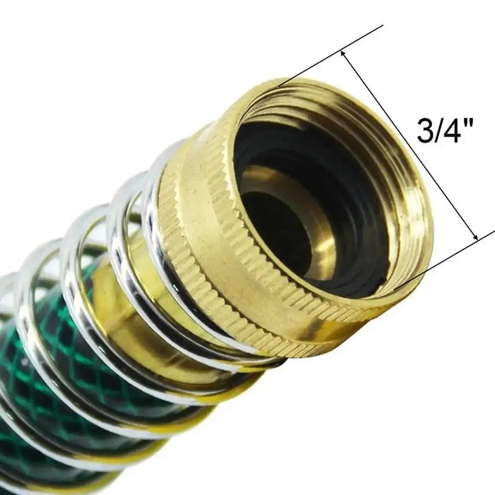 Brass garden hose connector with spiral spring mechanism showing threaded 3/4 inch connections