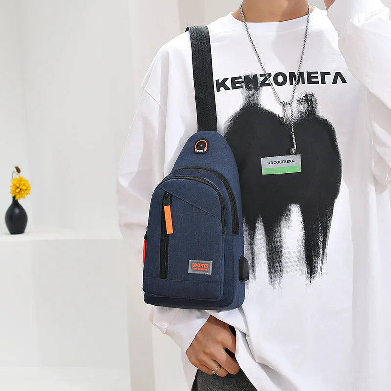 Outdoor sports riding chest bag in double black made from Oxford cloth with sewing thread detail