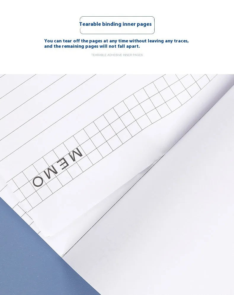 A4 tearable notebook with wireless adhesive binding, showing grid and lined page options
