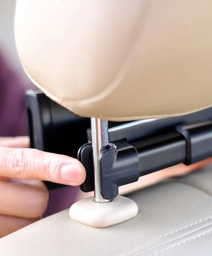 Black universal car phone and tablet holder with adjustable arm mounted on a rear seat base.