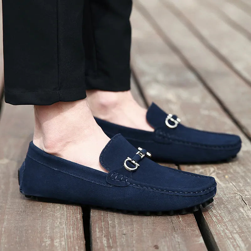 Men's black matte cowhide slip-on shoes with square toe and rubber sole