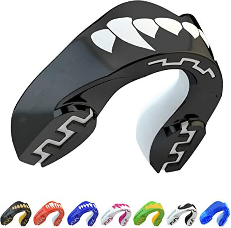 Adult boxing mouthguard with printed tooth socket design in black, red or blue colour options