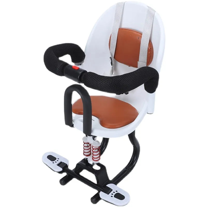 Front-mounted high carbon steel child seat for an electric scooter, shown in red colour.