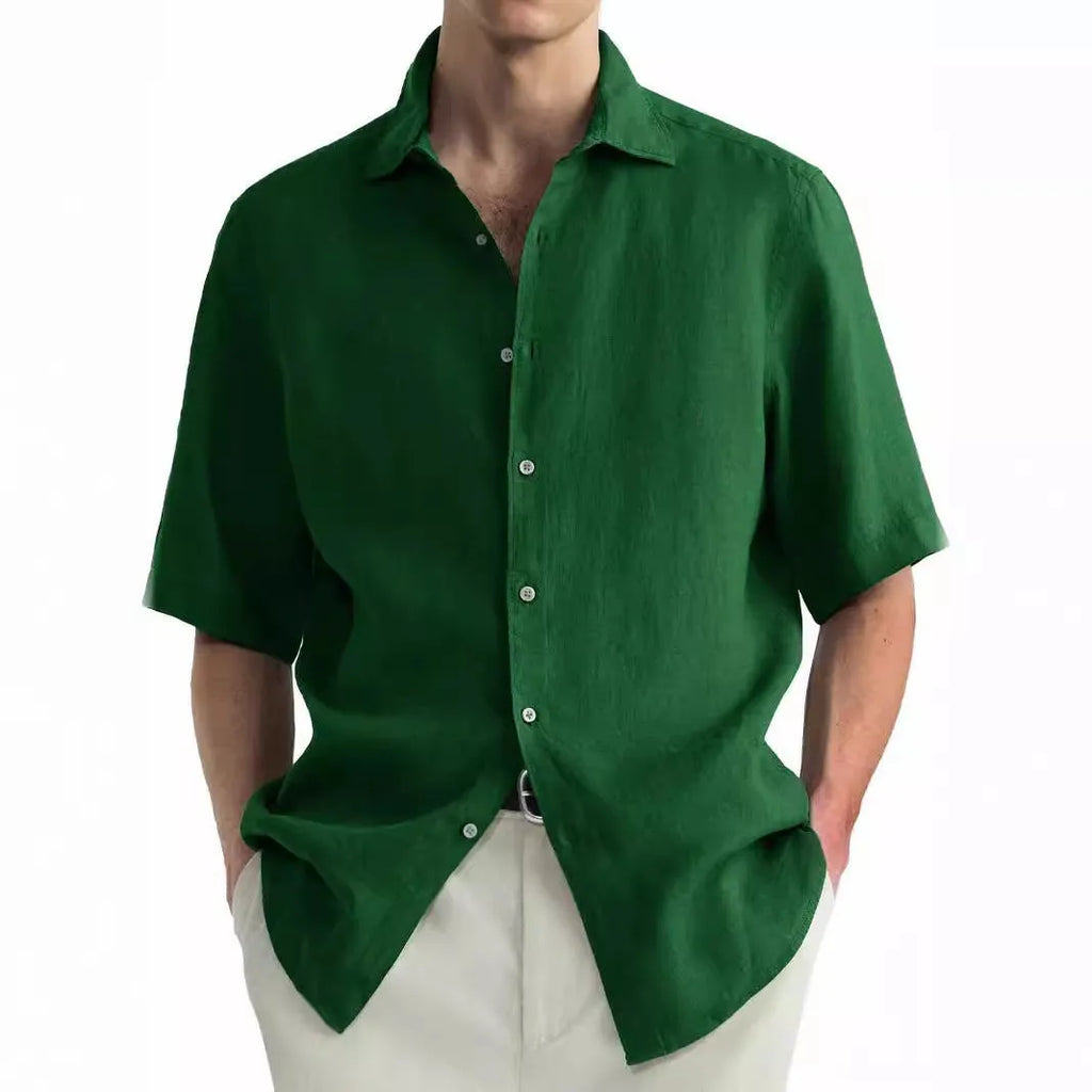Men's green pure cotton casual shirt in cardigan style with regular fit, shown on a hanger.