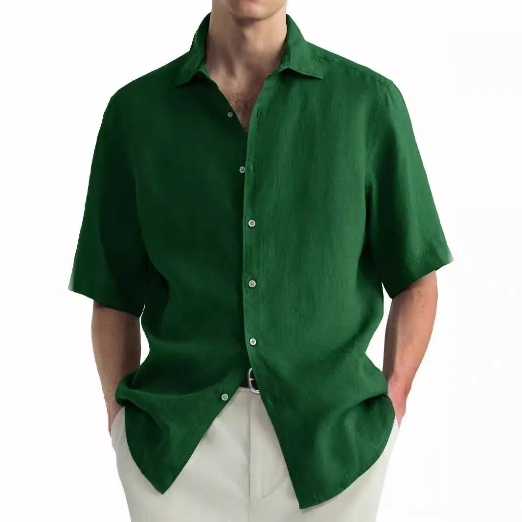 Men's green pure cotton casual shirt in cardigan style with regular fit, shown on a hanger.