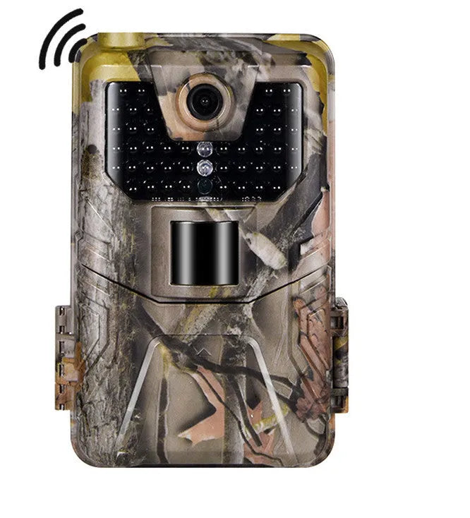Outdoor camouflaged Bluetooth trail camera with infrared LEDs for night vision and mobile app connectivity.