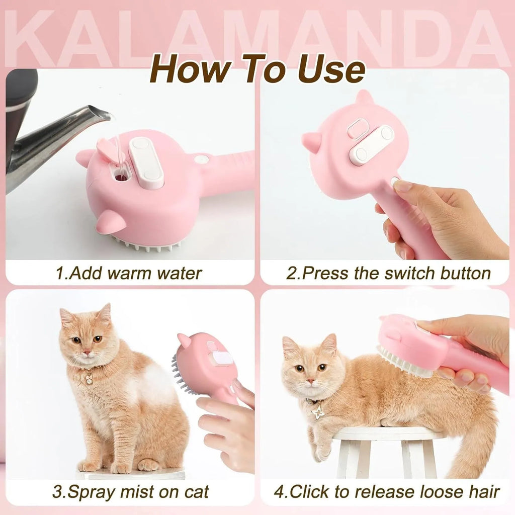 Blue cat steam brush with ergonomic handle and release button for pet grooming