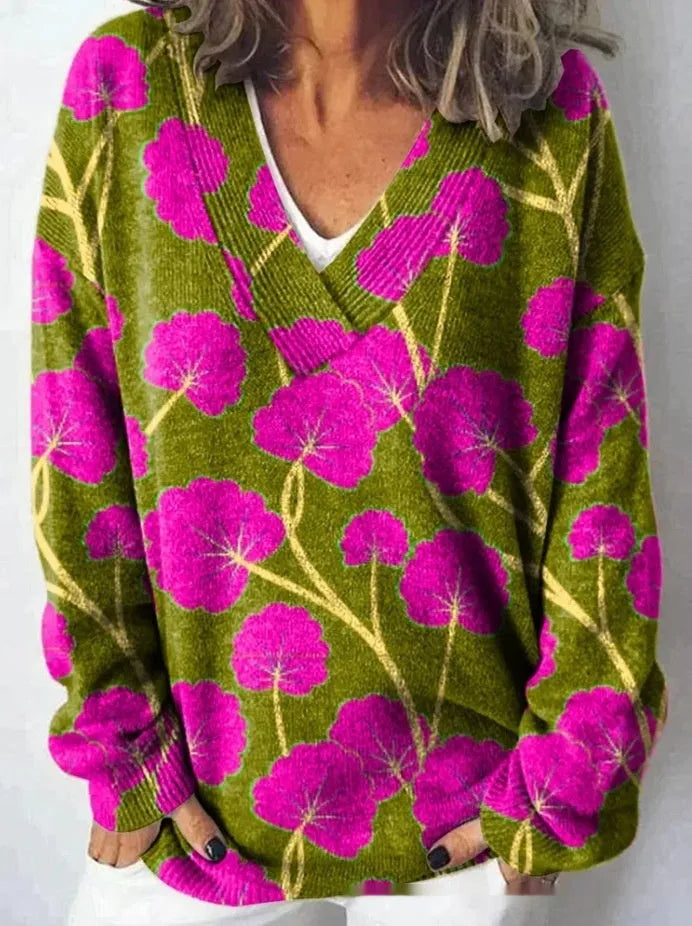 Women's V-neck floral print sweatshirt with 3D effect and long sleeves in art retro style.