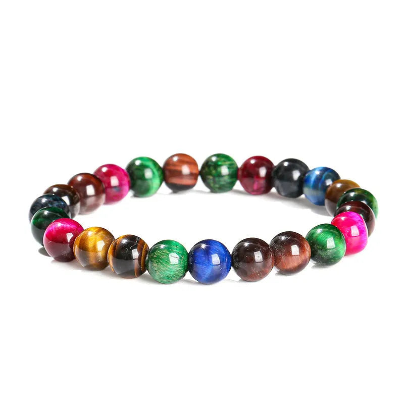 Women's colourful tiger eye gemstone bracelet with round beads in 6mm, 8mm, 10mm, and 12mm sizes