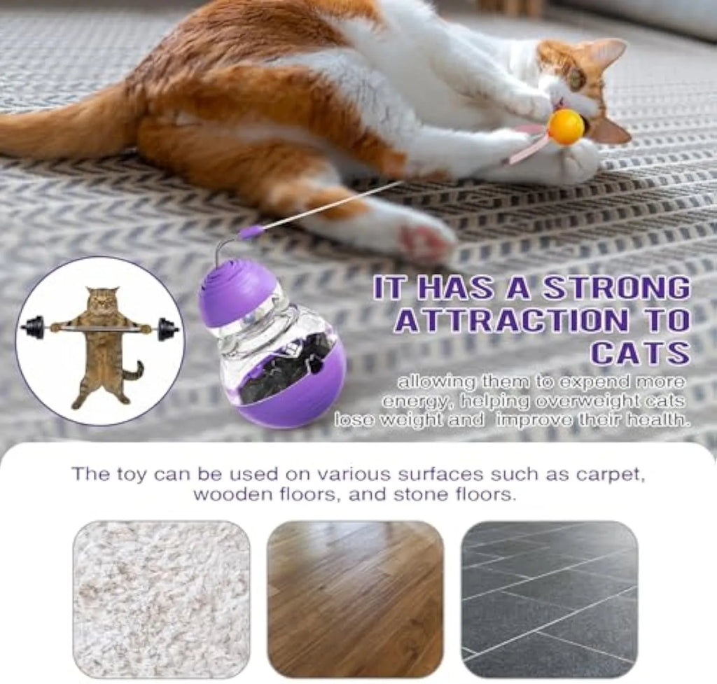 Interactive cat toy with slow food dispenser, teaser wand, and rocking base in pink, purple, or yellow
