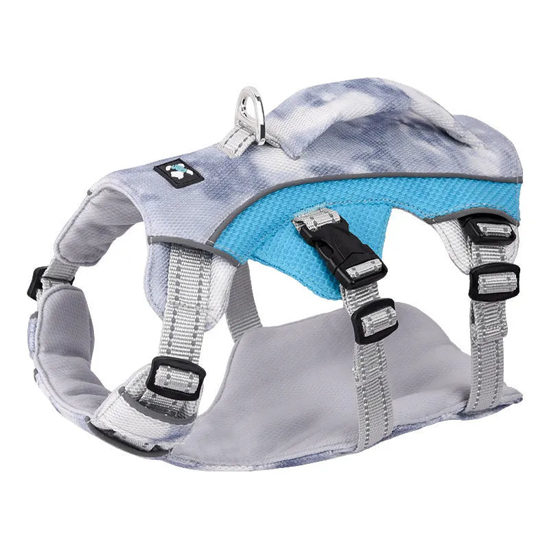 Reflective dog chest strap with cooling feature in light blue, shown on a dog.