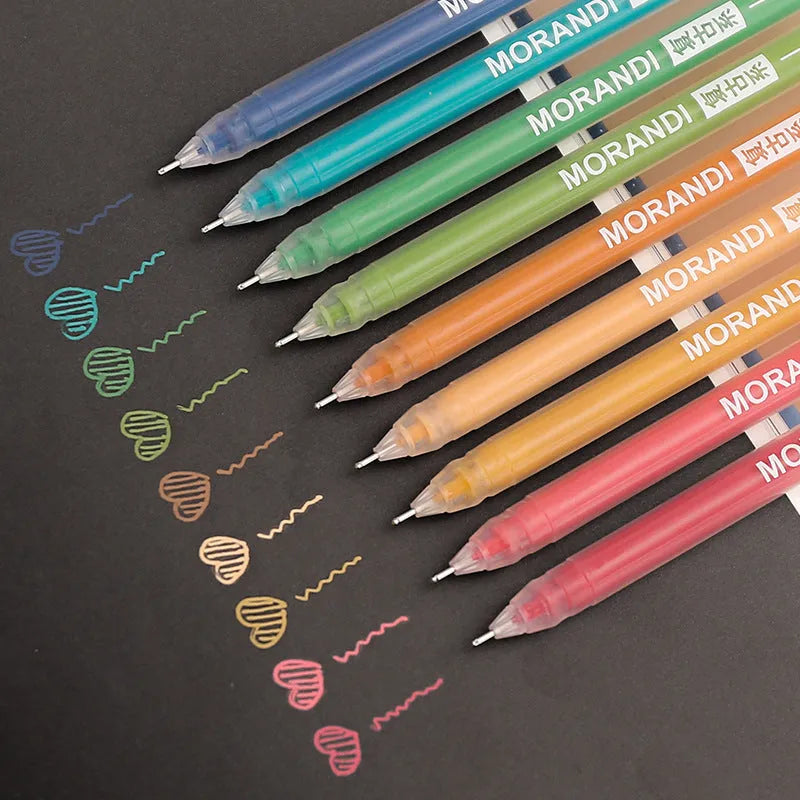 Set of nine retro-style gel pens with 0.5mm needle tips in assorted colours for note-taking.