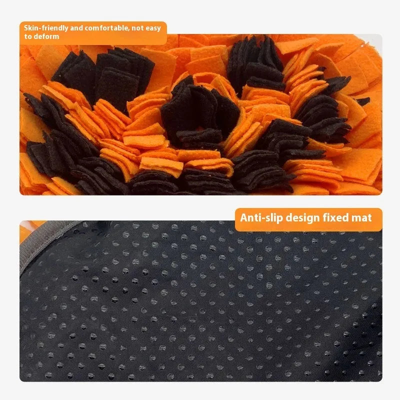 Orange pumpkin-shaped pet slow feeder snuffle mat with textured polar fleece channels