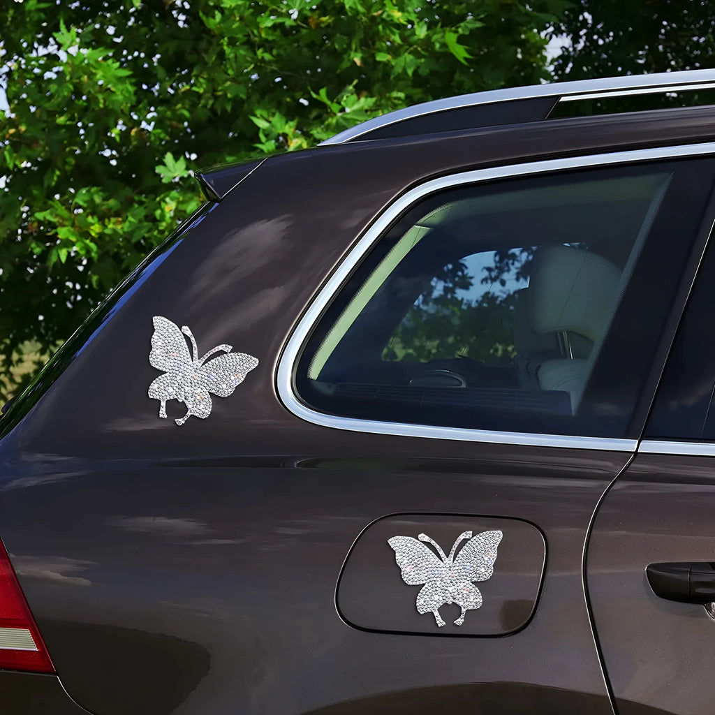 Diamond-encrusted glass car sticker in bear paw or butterfly design for vehicle decoration