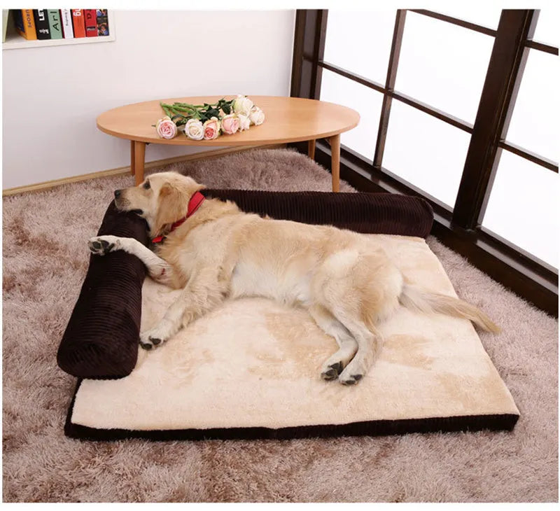 Corduroy pet sofa dog bed in grey, showing removable cover and non-slip base, placed on a hardwood floor.