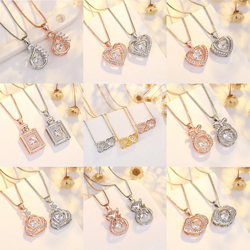 Silver or rose gold heart-shaped pendant necklace for women featuring detailed crown and bow decorations.
