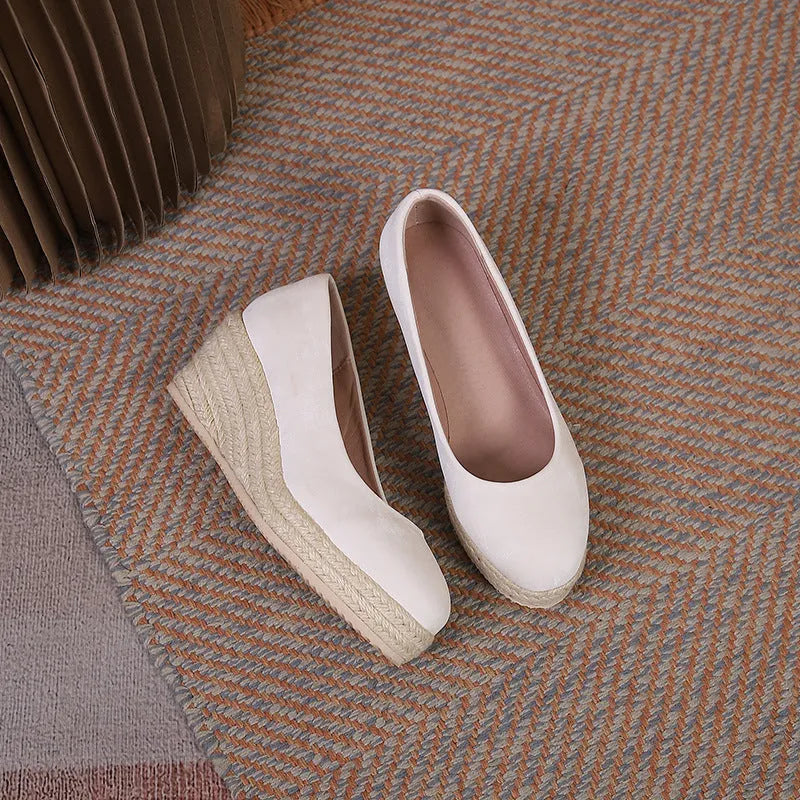 Apricot wedge high heel pumps with round toe, shallow mouth, and thick EVA sole.