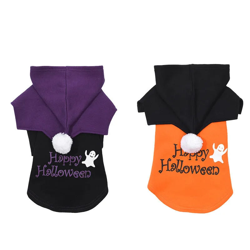 Black and orange pumpkin themed two-piece sweater and shawl dog clothes in cotton material