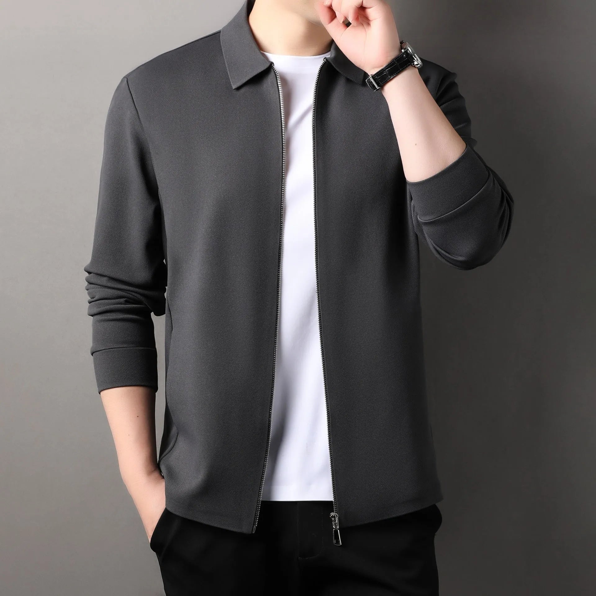Men's polyester casual business jacket in three colours: black, dark grey, and apricot.