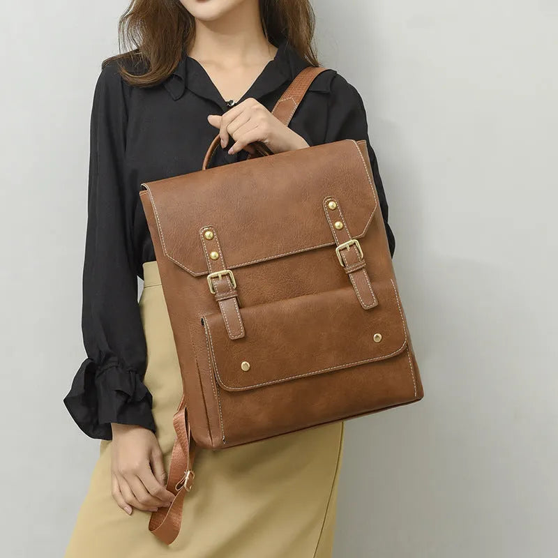 Korean retro backpack in soft PU material showing ventilation features and burden reduction design
