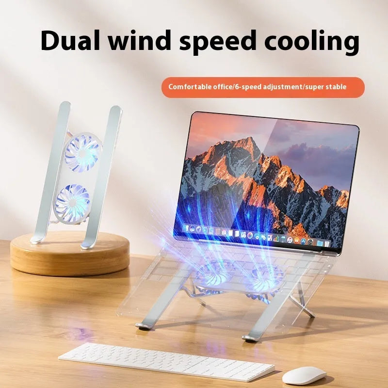 Silver aluminium laptop cooling stand with twin fans in folded position beside laptop